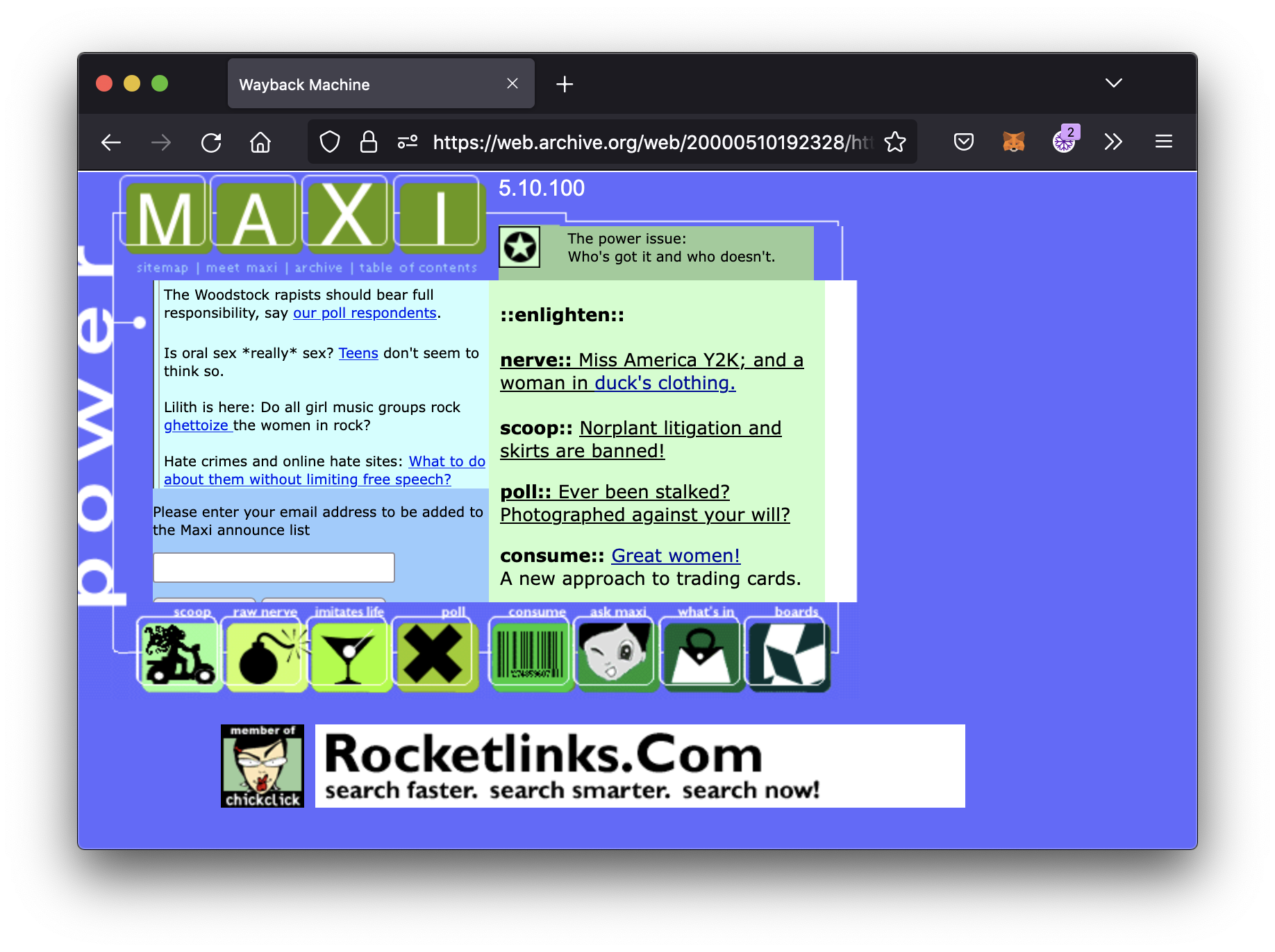 Maxi homepage is a purple-blue with green logos on the bottom of the page and two shades of green-centered panels with text