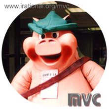 A circle with an image of an inflatable bodysuit of a pig wearing a green hat and a brown satchel over the body. MVC in a grey futuristic font is at the bottom right of the image.
