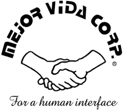 A graphic of Mejor Vida Corp in a futuristic tech font with outlines of two hands shaking and "For a Human Interface" typed in a fancy calligraphic font on the bottom.