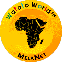 A graphic of the Watoto World logo in crayon handwriting on the outer border of a golden shield with the African continent placed in the middle. MelaNet lines the bottom of the border in black text.