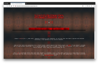 Screenshot of a webpage with a dark tiled symmetrical biological pattern background.The header is of a red stenciled font and the menu is of a black line with red tabs and black text in square brackets. White text is divided by large red square brackets.
