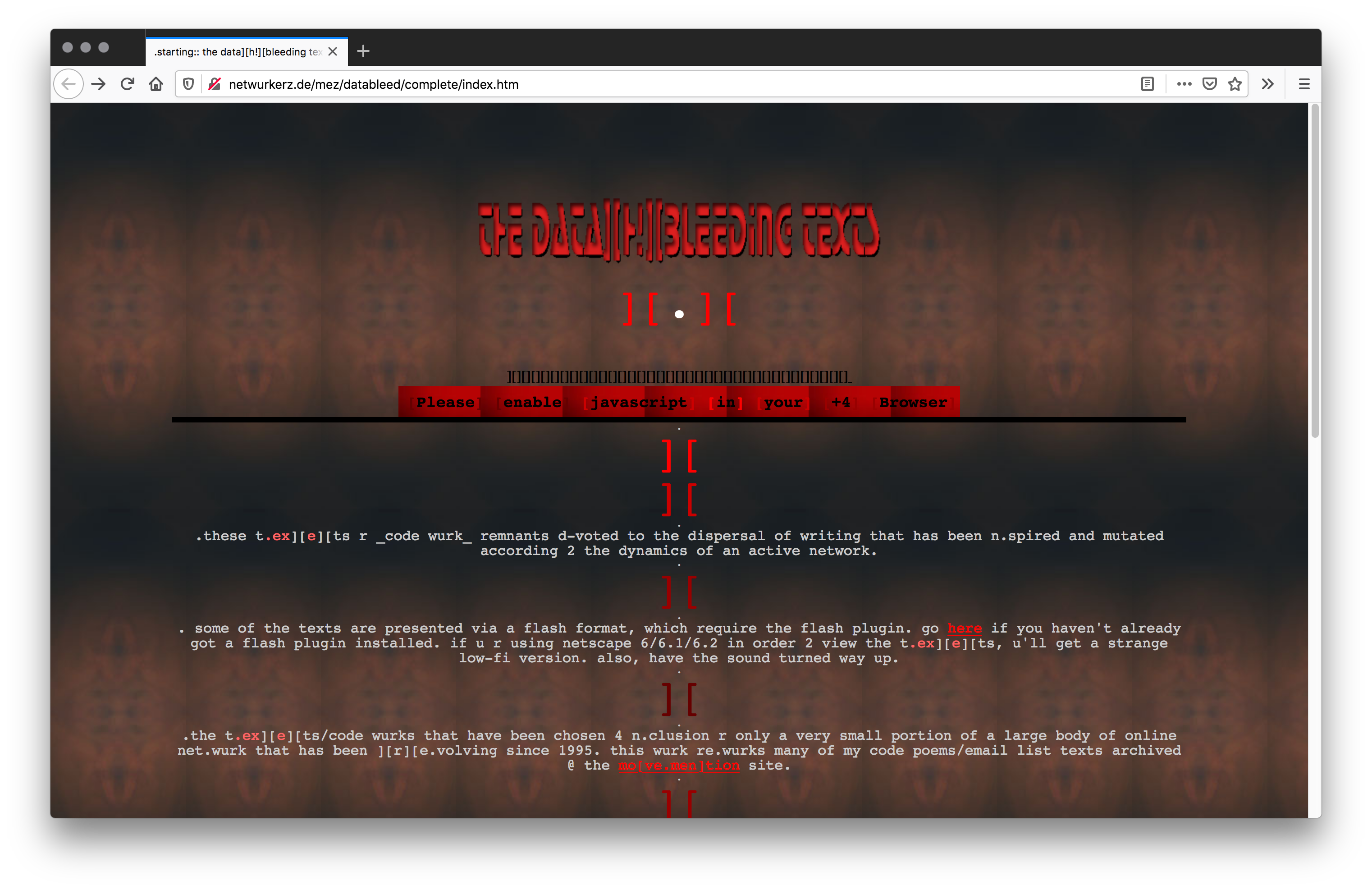 Screenshot of a webpage with a dark tiled symmetrical biological pattern background.The header is of a red stenciled font and the menu is of a black line with red tabs and black text in square brackets. White text is divided by large red square brackets.