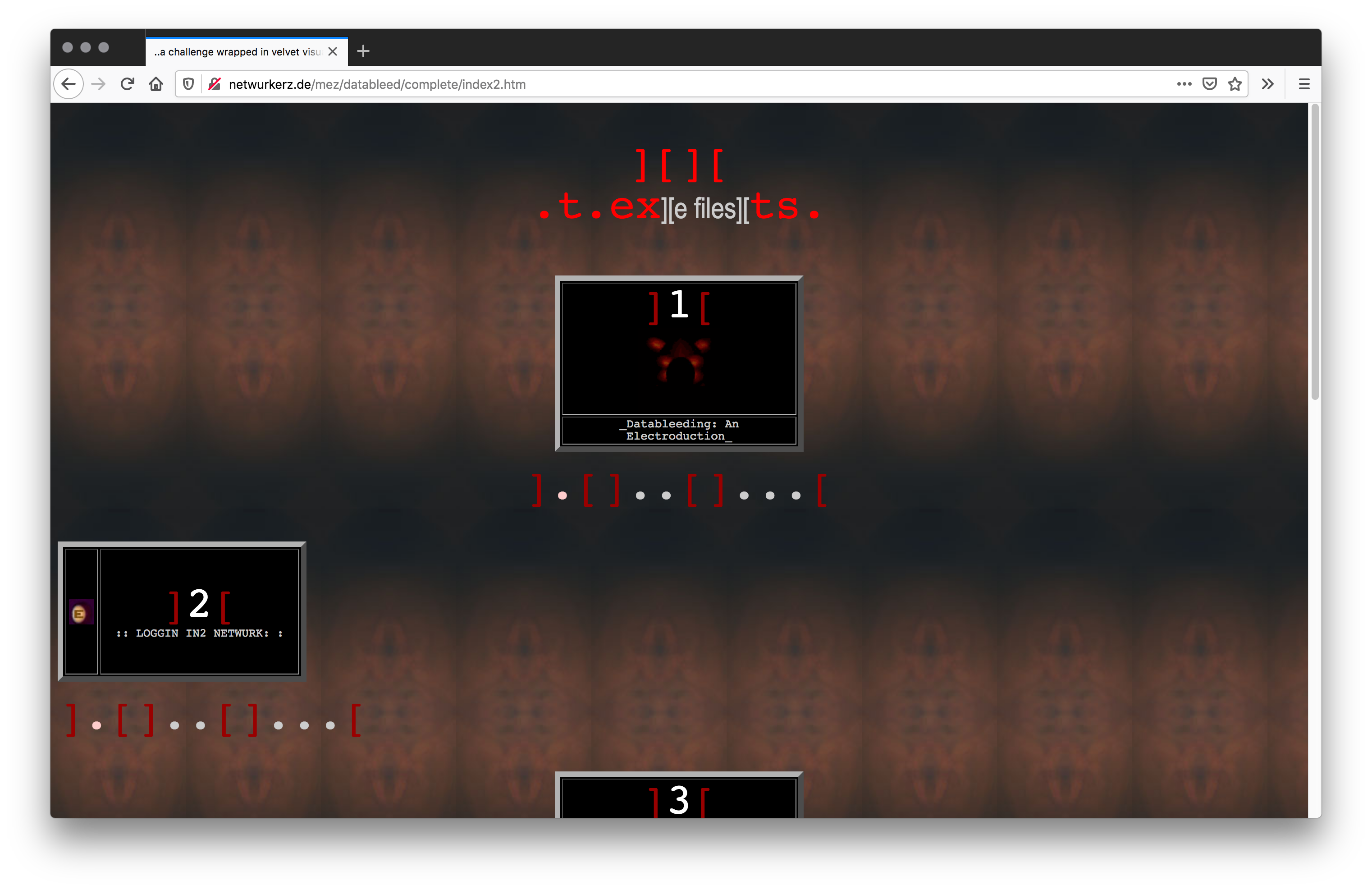 Screenshot of a webpage with a dark tiled symmetrical biological pattern background.The header is mixed with red and white text and square brackets. Three numbered boxes with white captions and red square brackets and ellipses underneath are dispersed.