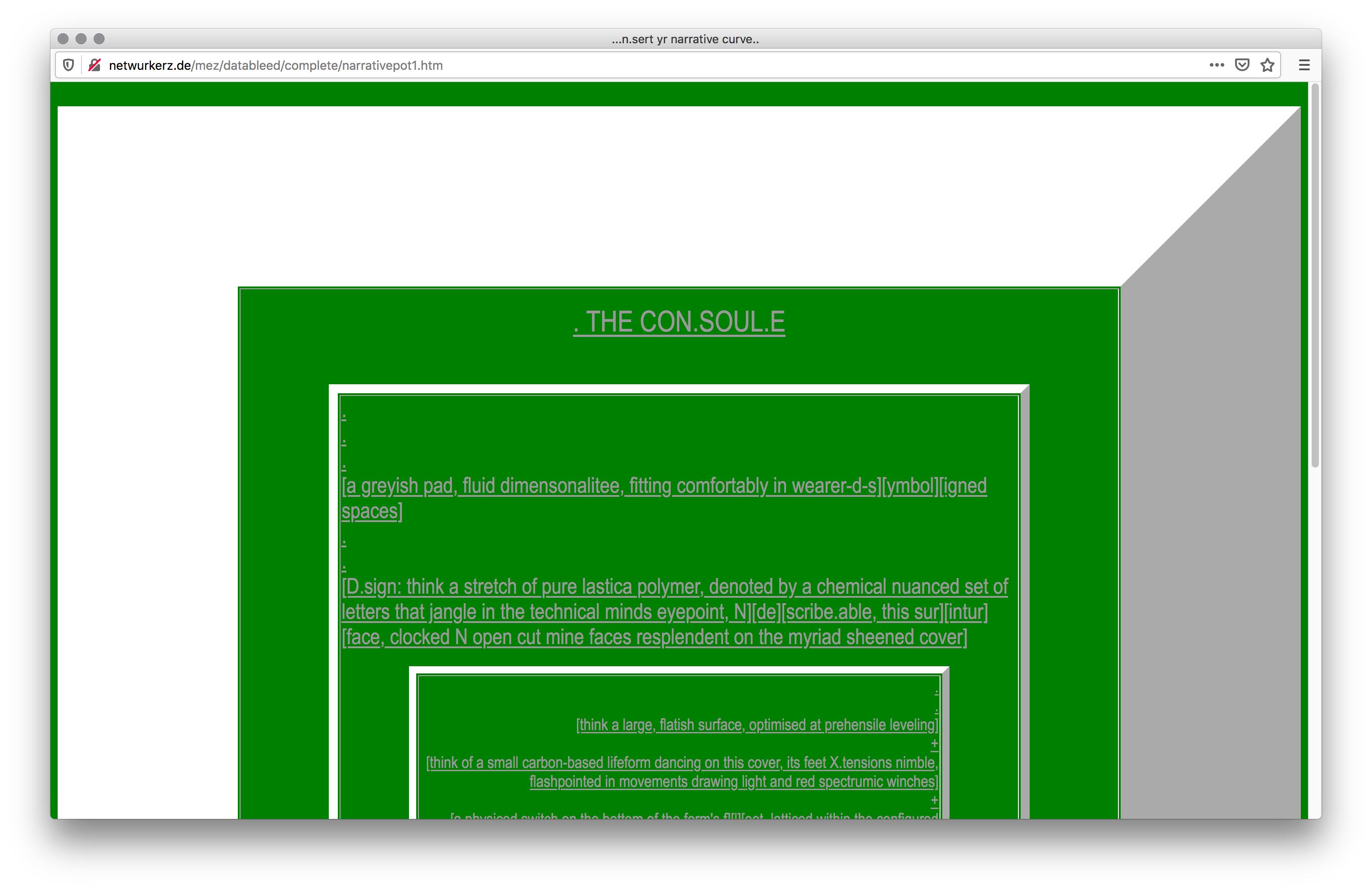 Screenshot of a webpage made of a succession of green and white squares. The middle is filled with grey underlined and slightly incomprehensible text due to random punctuation and square brackets disrupting the structures of conventionally readable text.