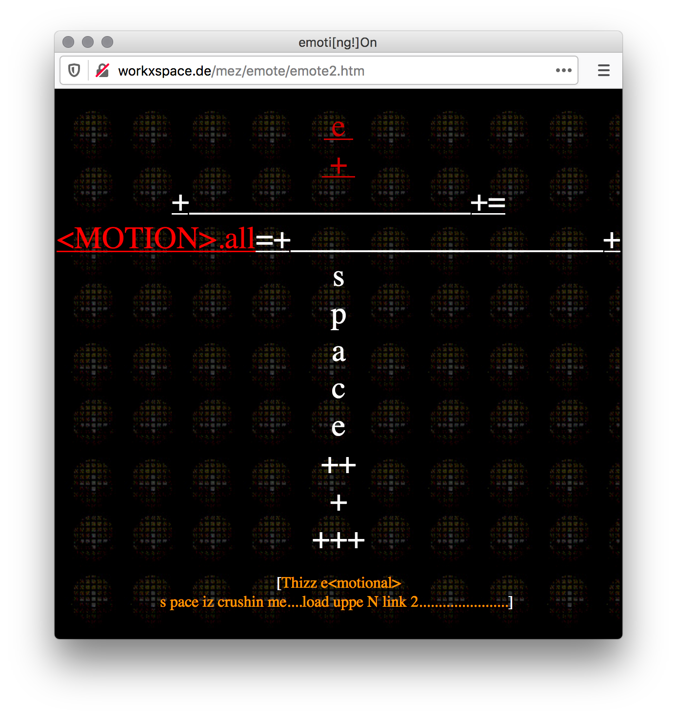 Screenshot of a webpage with a black background and tiles of spheres created by small square images. Red letters and text and white math symbols form the shape of a cross in the middle of the page. Orange incomprehensible text is on the bottom.