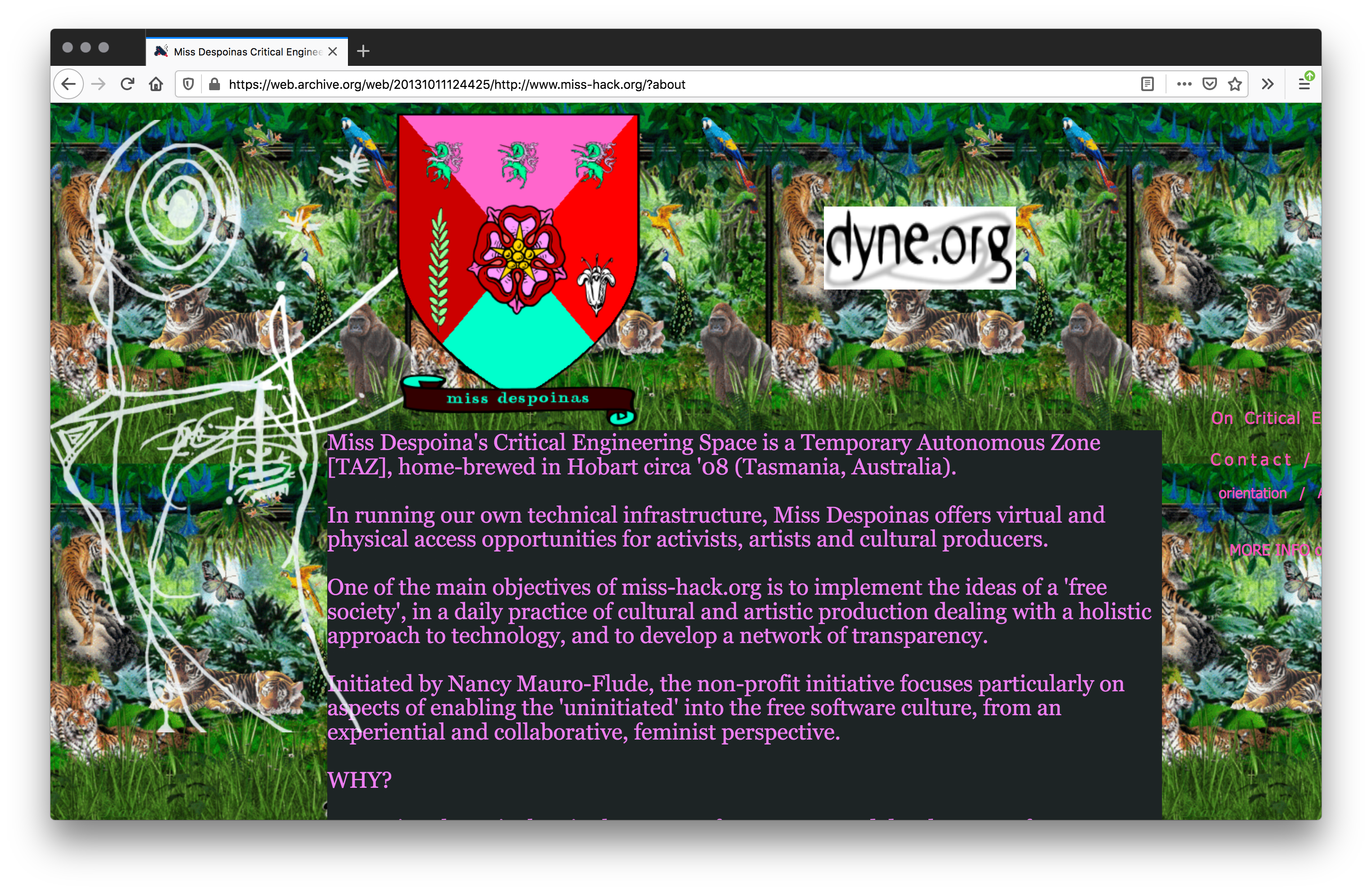 Screenshot of a webpage a luscious jungle with wildlife animals tiled in the background. The header has a bright pink and red shield emblem in the middle next to "dyne.org" in a white rectangle. The center has pink text on a dark grape rectangle.