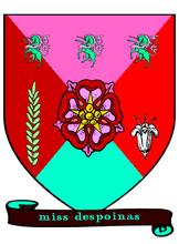 A shield with red, pink, and teal triangles converge to a graphic hibiscus with a yellow center. Three teal unicorns line the top with a tall stem with many leaves and a pre-bloomed flower on each side. A brown ribbon with teal text is at the bottom.