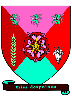 A shield with red, pink, and teal triangles converge to a graphic hibiscus with a yellow center. Three teal unicorns line the top with a tall stem with many leaves and a pre-bloomed flower on each side. A brown ribbon with teal text is at the bottom.