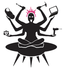 A silhouette of a black figure has six arms holding a camera, a baby, a paintbrush, a hammer, a laptop, and a screw driver sits crossed legged, floating on a UFO. Its tongue sticks out and a pink half ring of flaring rays sits like a crown on its head.