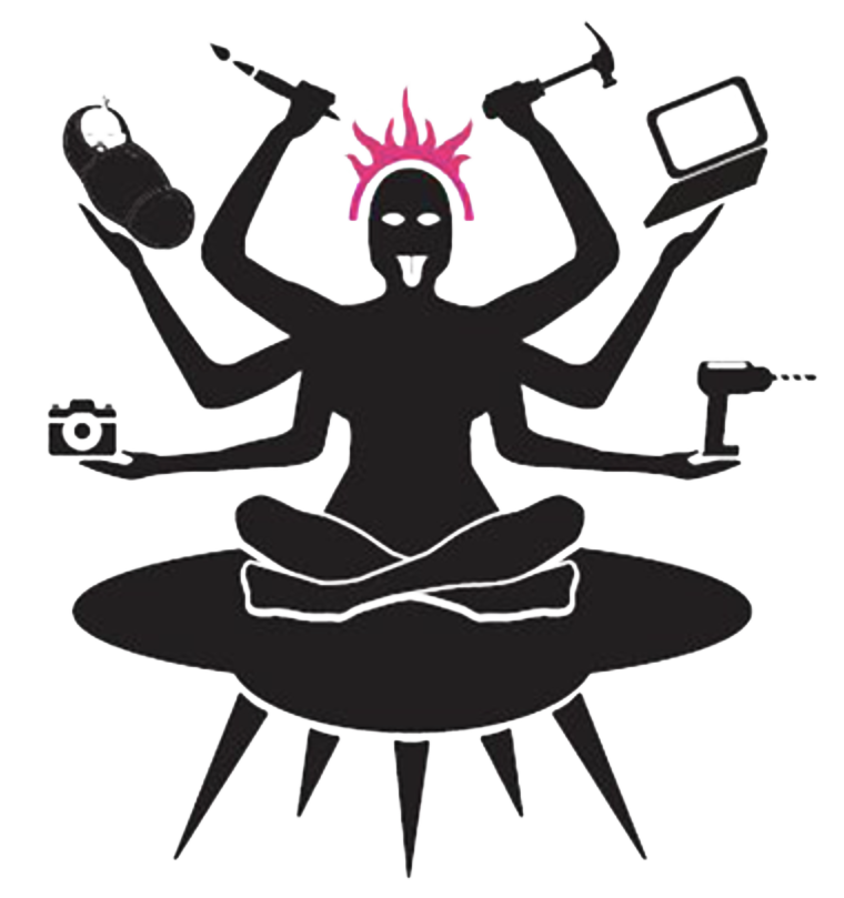 A silhouette of a black figure has six arms holding a camera, a baby, a paintbrush, a hammer, a laptop, and a screw driver sits crossed legged, floating on a UFO. Its tongue sticks out and a pink half ring of flaring rays sits like a crown on its head.