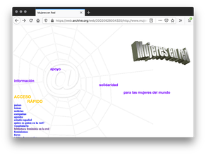Screenshot of a white webpage of a large graphic spiderweb with an at sign in the center covers the left half. Purple text is scattered across the page and a yellow title with a column of blue text flanks the left. A 3D grey logo floats on the top right.
