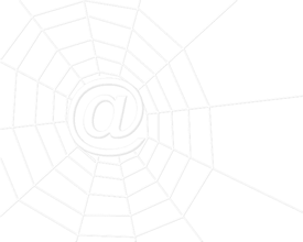 A white graphic of a large spiderweb with an asperand, or at sign, in the center of the web.