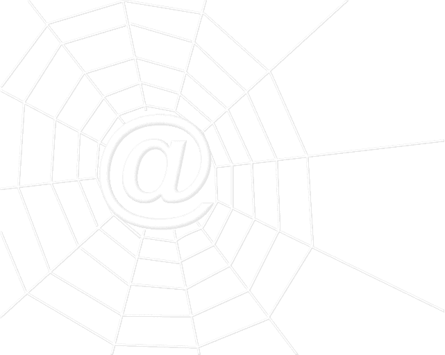 A white graphic of a large spiderweb with an asperand, or at sign, in the center of the web.