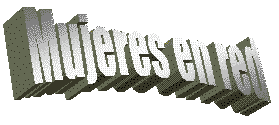 "Mujeres en red" in grey vintage Microsoft Word 3D font.