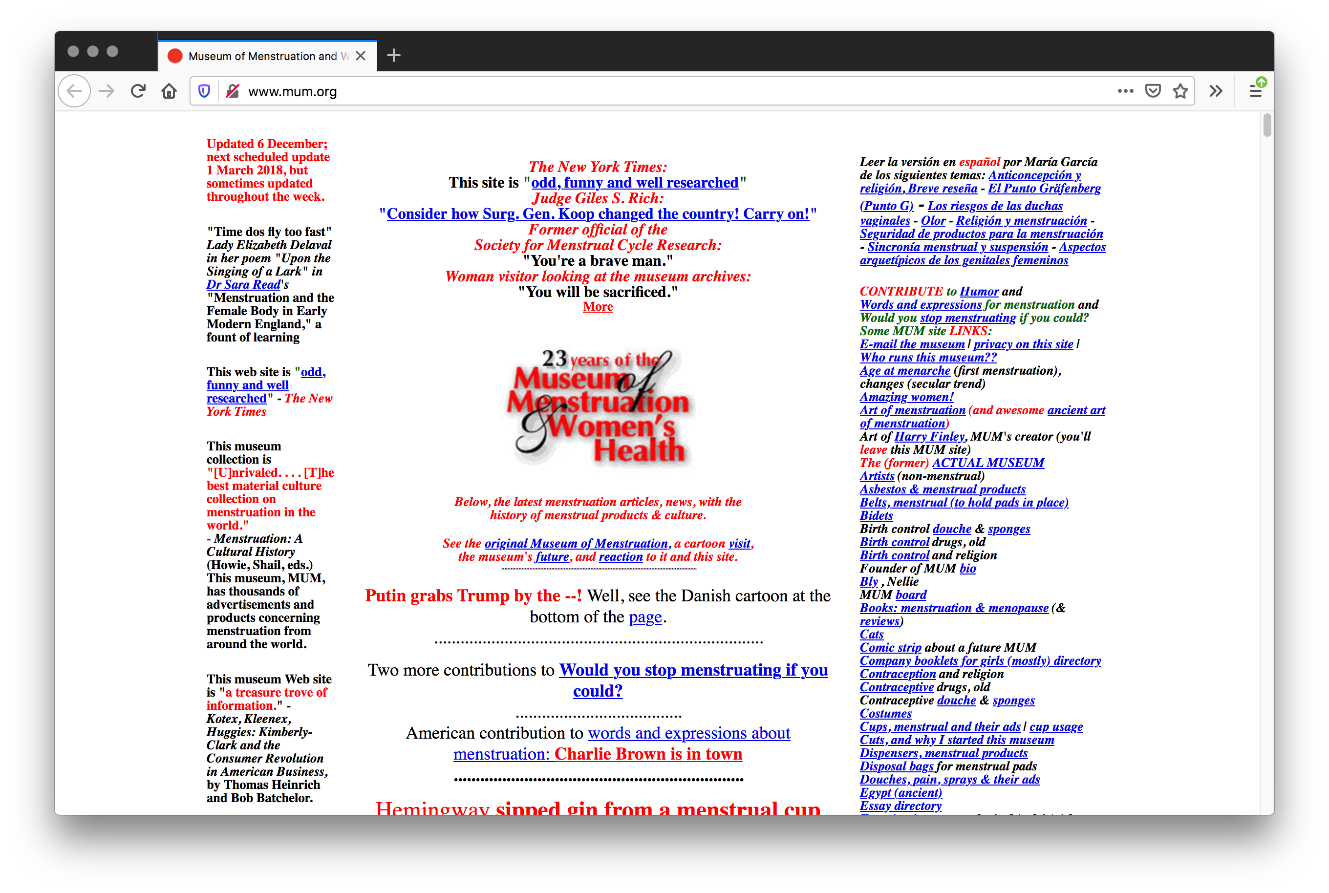 Webpage with white background and three columns of text mixed in red, black, blue. A red and black logo stamps the middle of the page.