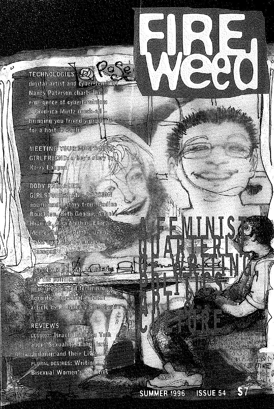 A scan of a black and white poetically chaotic collage. Sketched caricatures sit next to an illustrated man in regular proportions on a diner table. White text flanks left side. "Fireweed" in big text and a square background stamps the top right.