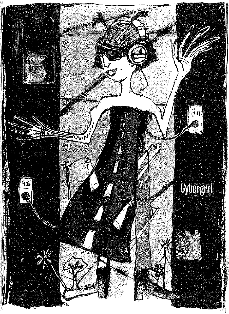 A sophisticated child-like sketch of a fashionable woman dancing, arms flailing. Her dress is a road with streetlamps and flowers grow out of her loafers. She wears headphones and sunglasses and is plugged into the wall plugs of a room.