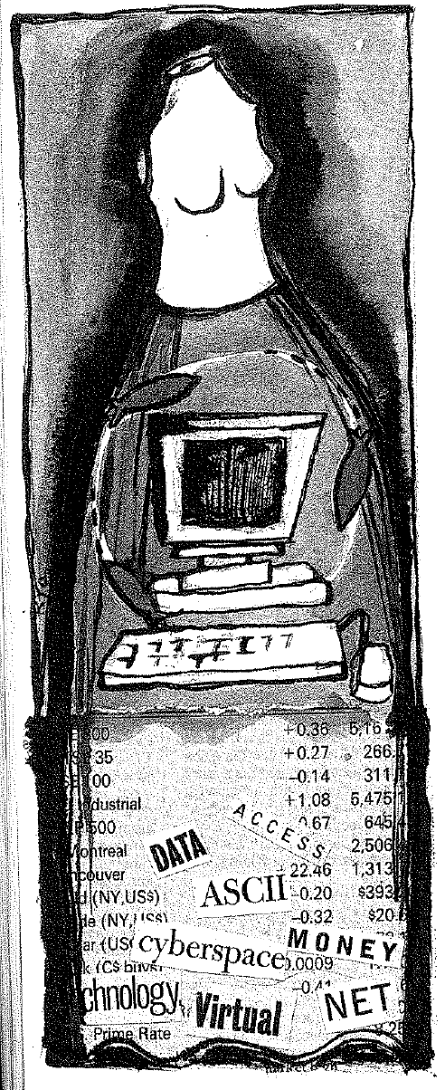 Collage of a sketched figure with a mannequin torso and skirt divided into two scenes: the top is a drawn computer with fish circularly swimming around it and the bottom is a print of the stock market with different text spread out across.