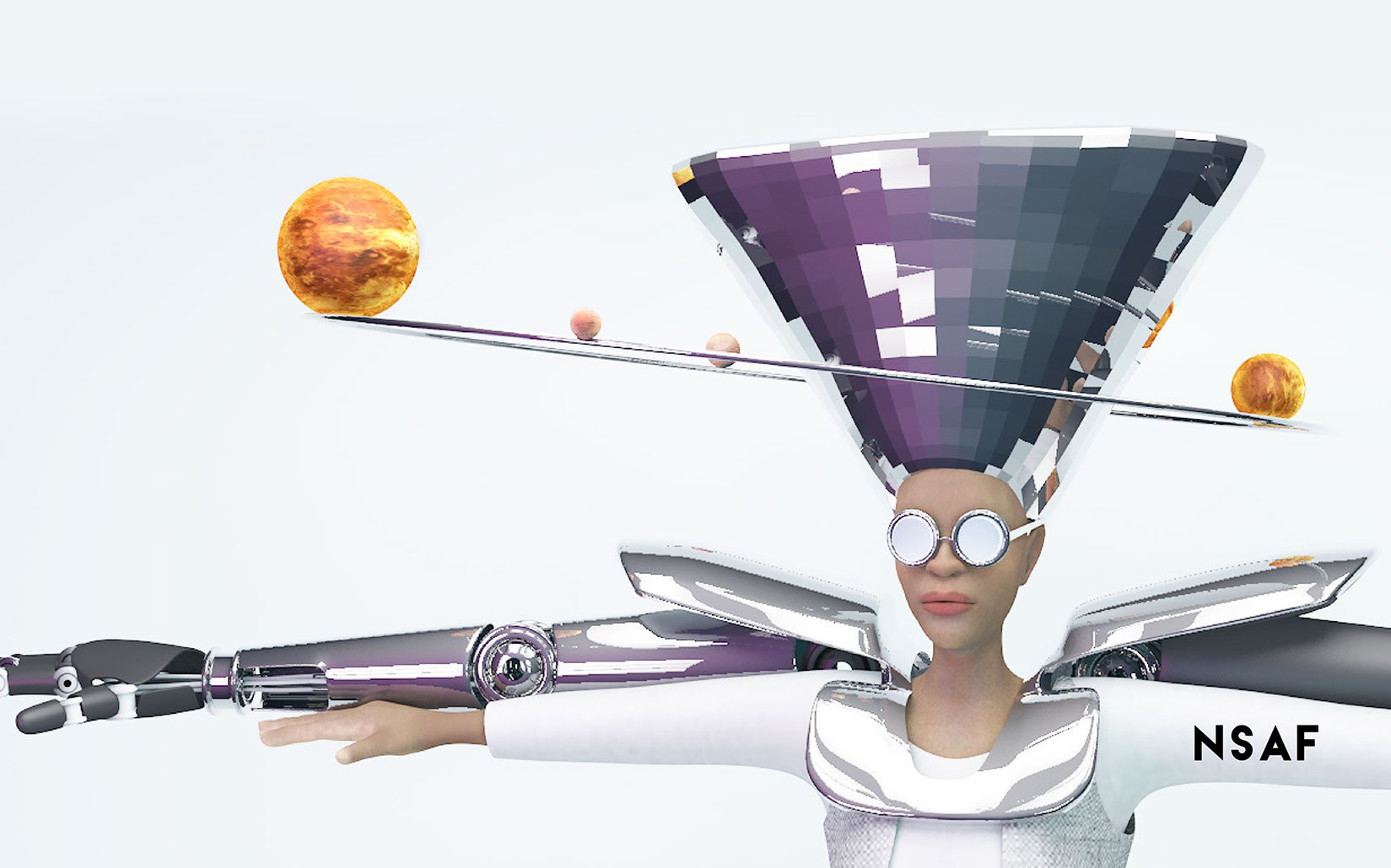 render of a black woman wearing a silver costume with angular arm and shoulder details with a large headpiece with a long pole with floating orange balls