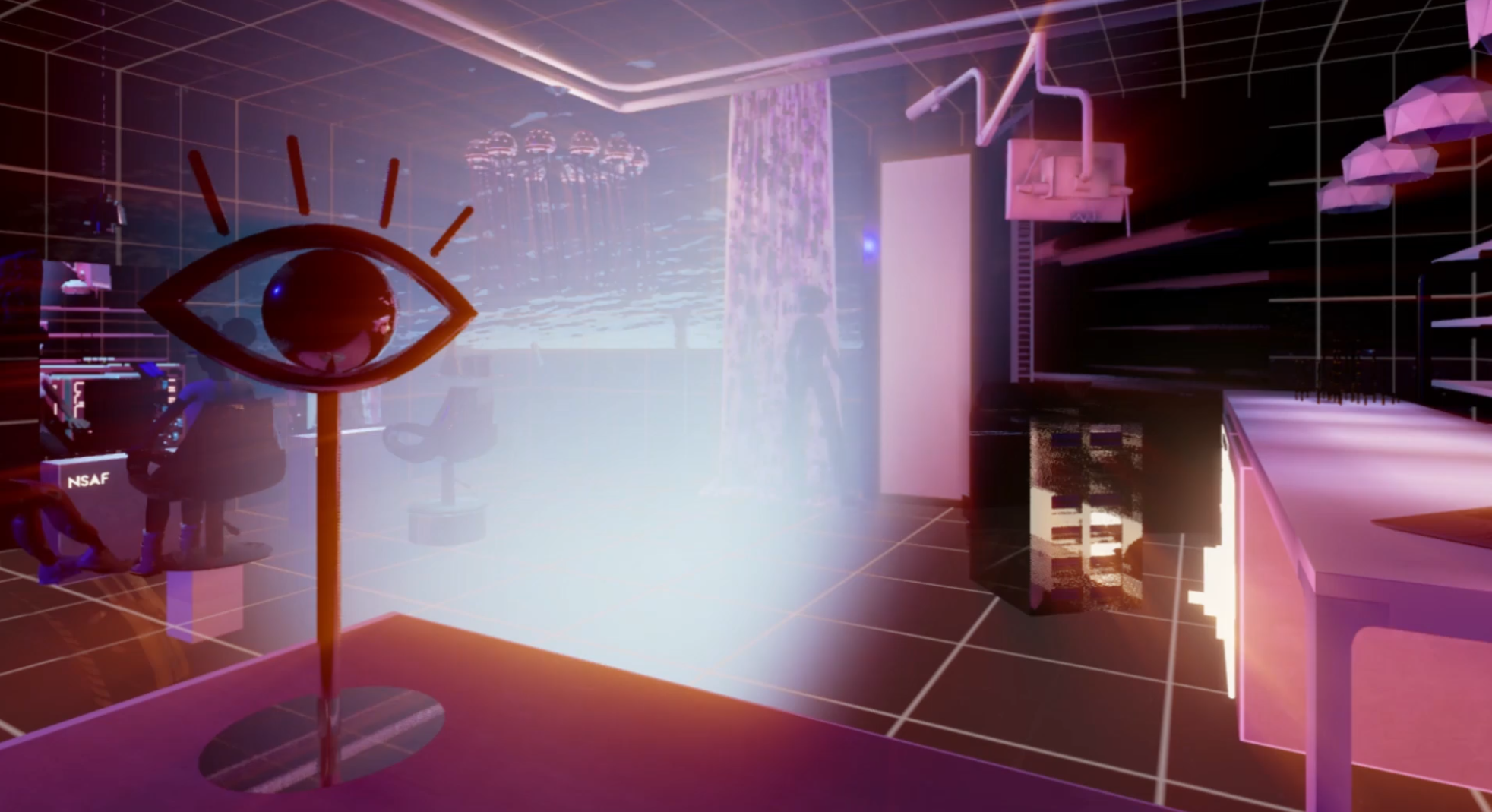 render of a purple room with a spotlight in the center and an eye icon