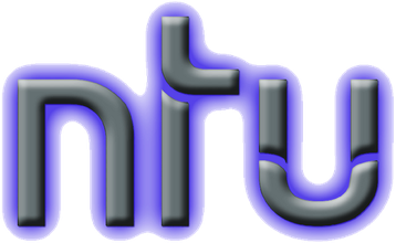 NTU logo is glowing purple with a gray interior with curved letters