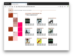Screenshot of a white webpage that feels like it sells albums, except showcases videos, showing previews to them by displaying a row of square images with titles and links. Te left side disorganized row of brown, pink, peach square tiles as the site menu.