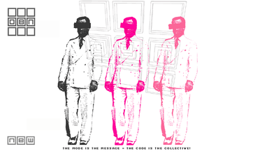 Graphic of a man wearing a suit has a rectangle covering his eyes. He is  stamped three times across in black, pink, and peach pop art-style ink. Behind is a thin 3D wireframe of six square frames, with "OBN" in the middle three, making a larger square.