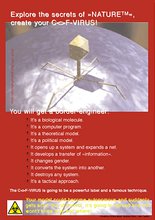 A red poster with a white header and and bullet pointed sentences fill the top and bottom half. Ther middle is filled with a graphic of a 3D virus on a smooth grey globe. The bottom has a warning sign with a yellow toxic triangle symbol with yellow text.