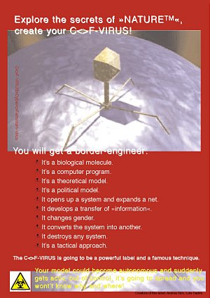 A red poster with a white header and and bullet pointed sentences fill the top and bottom half. Ther middle is filled with a graphic of a 3D virus on a smooth grey globe. The bottom has a warning sign with a yellow toxic triangle symbol with yellow text.