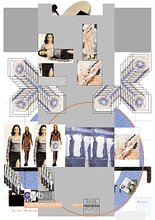 A poster of a collage of repeated images, graphic symbols, and shapes disorderly organized. Abstract photos featuring runway models, organic elements framed by black squares, an orange circle outlined, and grey rectangles are systematically scattered.