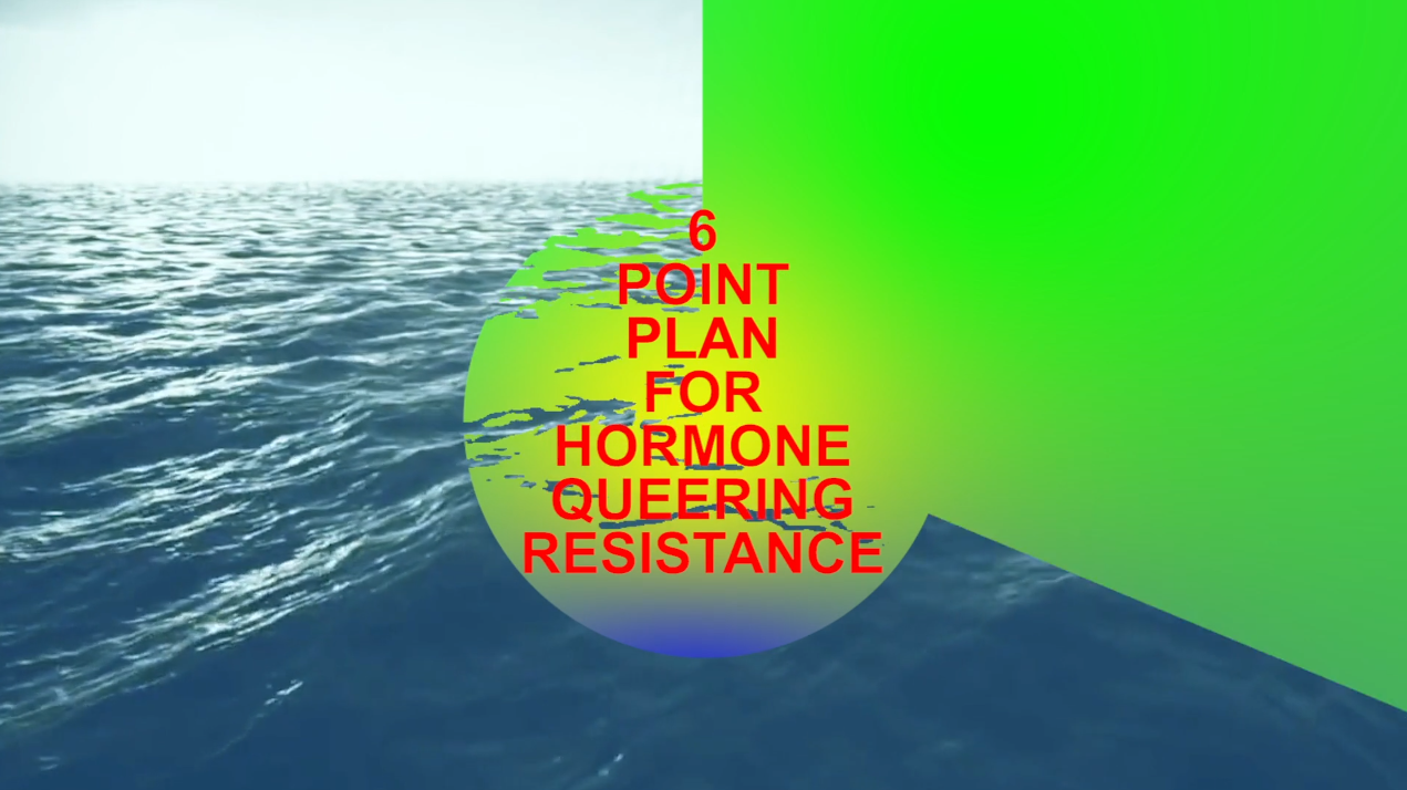 "6 point plan for hormone queering resistance" typed in bold red text inside of a green circle that extends out and covers the entire right corner of the scene. Behind is a blue open calm ocean that meets a light blue clear sky.