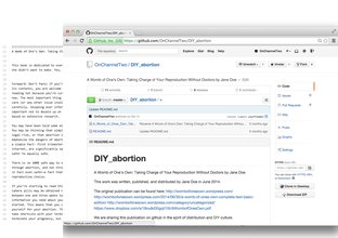 A screenshot of a webpage on top of lines of 48 text describing the book on DIY abortion.