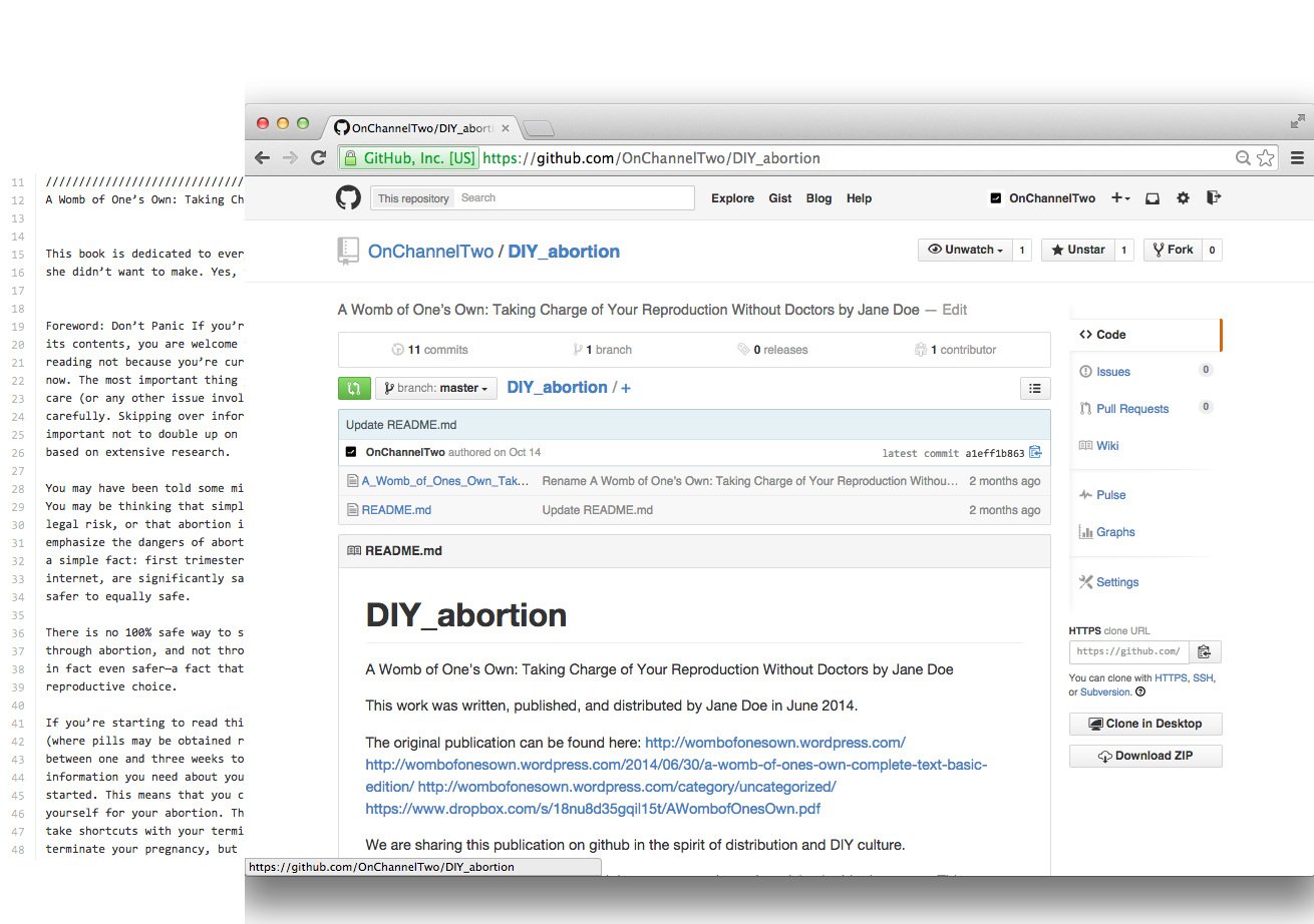 A screenshot of a webpage on top of lines of 48 text describing the book on DIY abortion.