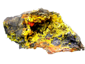 A stone made of clumped dried lava painted with yellow, orange, and red paint splattered.