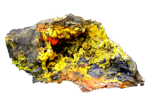 A stone made of clumped dried lava painted with yellow, orange, and red paint splattered.