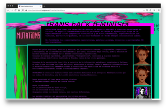 Screenshot of a webpage made of teal and pink jellyfish for its background. Black blocks with purple text fill the page. A column with drawings of a woman open and closing her eyes and a black and white portrait flanks the right.