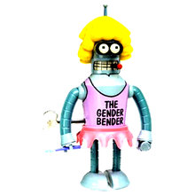 A child-like blue metal robot doll with bulding crazy eyes and pipe limbs. It wears a yellow wig made of yarn and a pink tutu that says "The Gender Bender" in black text. It has a cigarette in its mouth and holds a toothbrush in one hand.