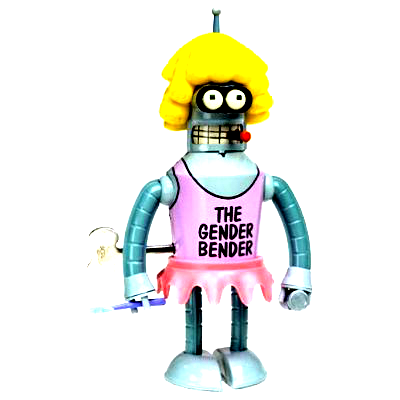 A child-like blue metal robot doll with bulding crazy eyes and pipe limbs. It wears a yellow wig made of yarn and a pink tutu that says "The Gender Bender" in black text. It has a cigarette in its mouth and holds a toothbrush in one hand.