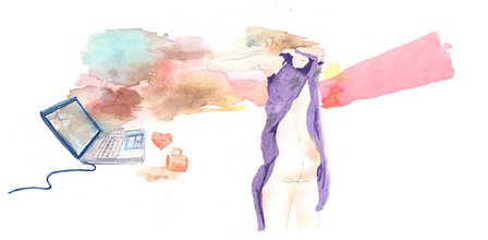 A watercolor of the despair of a person in a purple gown, back of the body exposed, standing with arms raised to their head, which is washed out into the background. They stand next to a laptop with a cracked screen, a shattered heart, and spilled coffee.