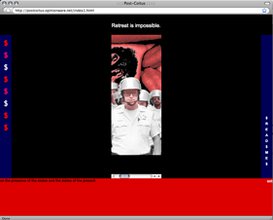 A black webpage with a thin strip in the center showing a collage of two dicks penetrating a person from behind and armed guards wearing white helmets and a white uniform. Two blue columns are on both sides and a red rectangle spreads across the page.