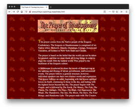 A webpage with paragraphs of white text in the center and a orange and yellow leaf texture banner with The Prayer of Thanksgiving as the title. The background is red with tiles of graphic fall leaves.