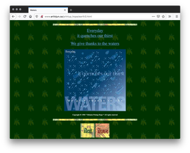 A webpage with blue underlined text and a blue square water droplet graphic giving thanks to water with two squares below. The top and bottom are lined with long thin yellow and green lines. The background is green with tiles of graphic corn stalks.