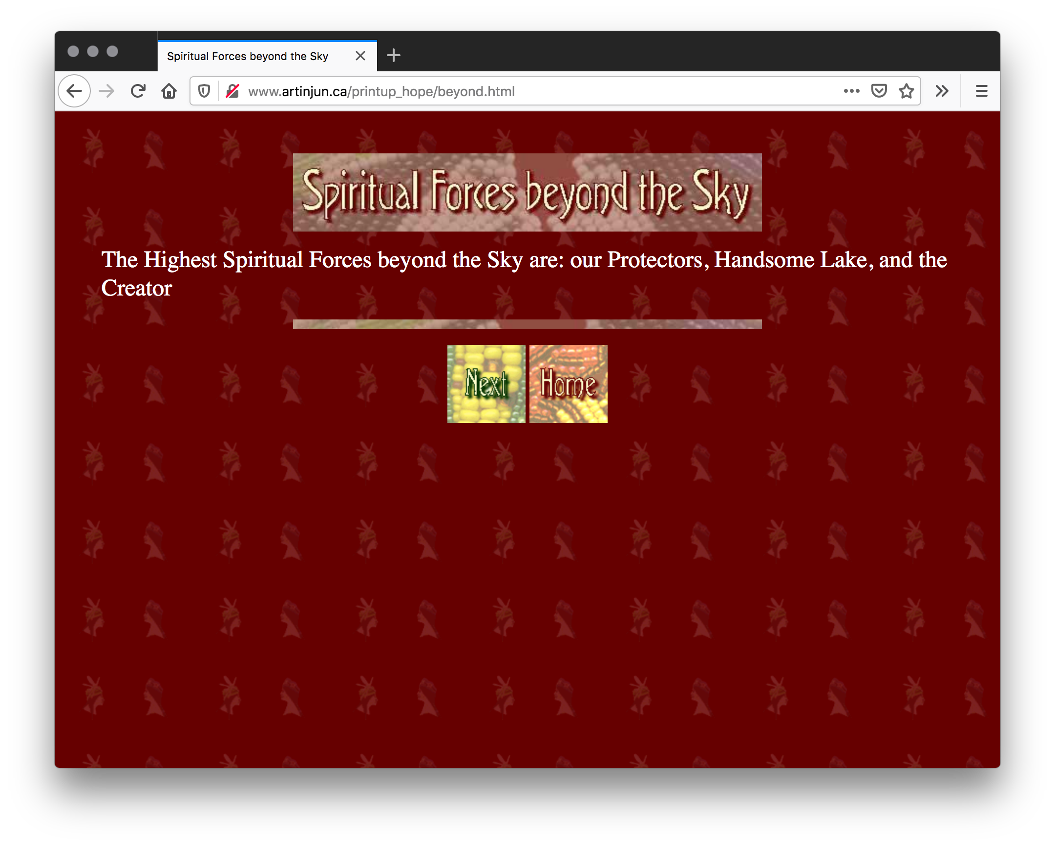 A webpage with lines of white text and a black and white beaded pattern banner with Spiritual Forces Beyond the Sky as the title and next and home buttons in squares below. The background is red with tiles of a graphic Native American facing a pilgrim.