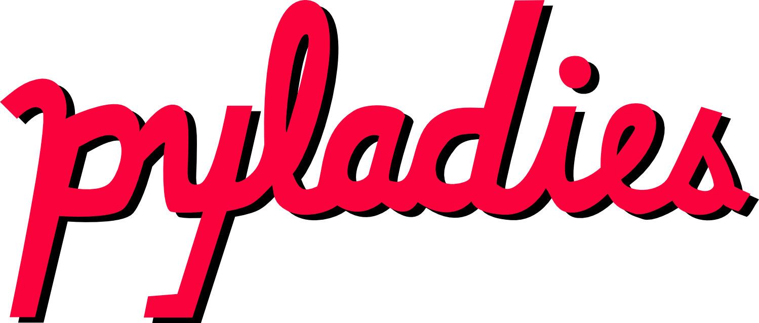 "Pyladies' typed in a bright red calligraphic font with a hard black drop shadow.