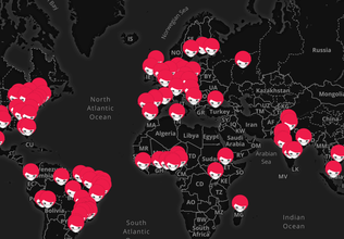 Graphic icons of a female wearing glasses with red hair scattered all throughout a black world map with grey outlines and text