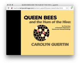Screenshot of yellow webpage with bold black and grey text, a circle with a black, yellow, red, and gold beehive pattern, and a large black column on the left.