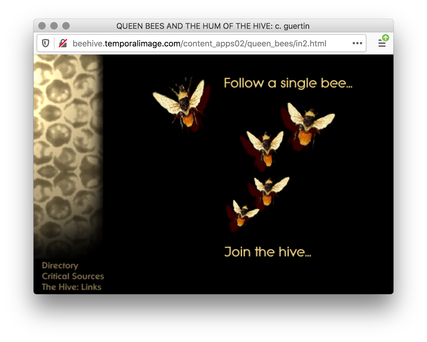Screenshot of a black webpage with a column of an honeycomb pattern image on the left. Yellow text and five cut out images of bees with a fiery butt and gold wings fly on a black background.