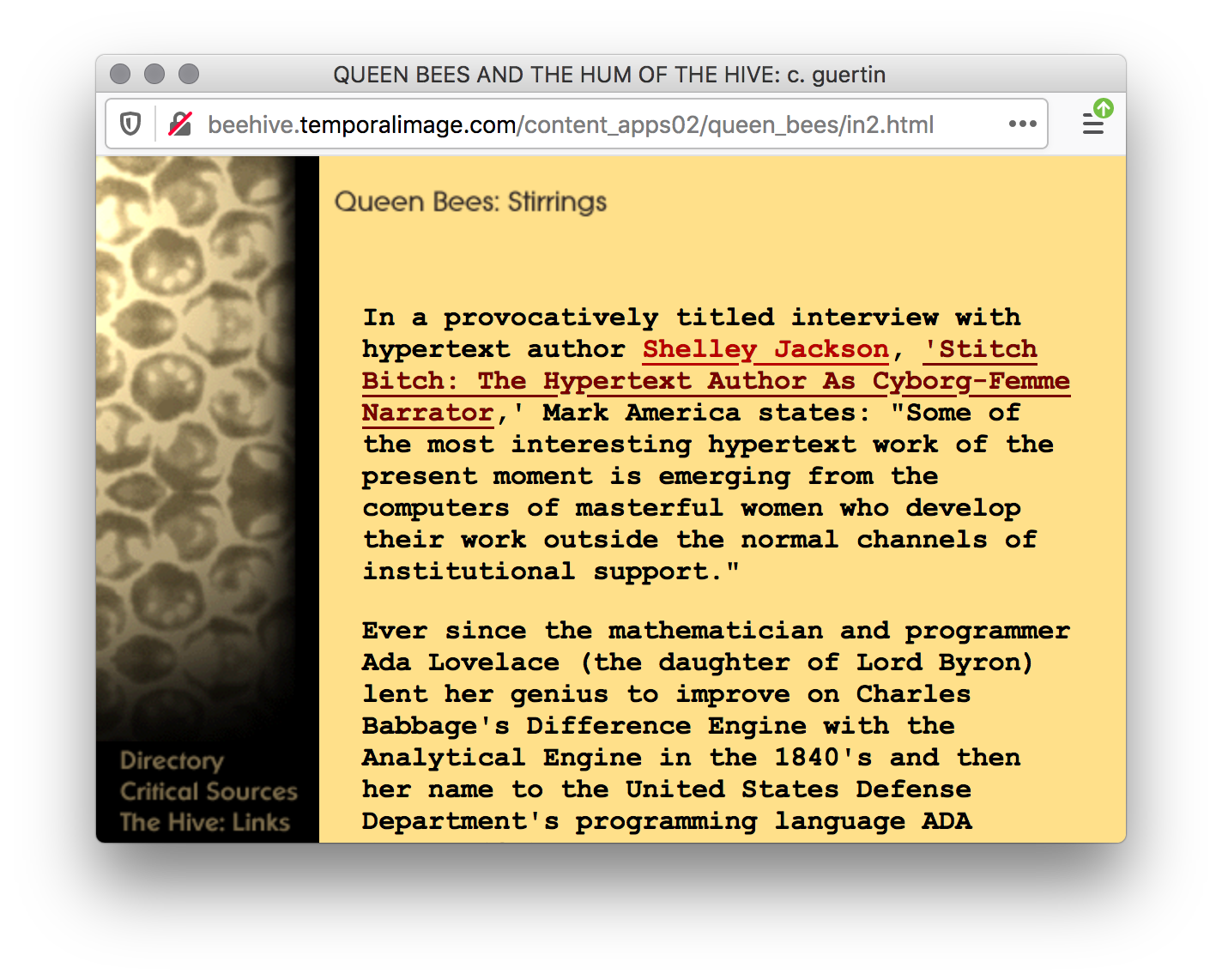 Screenshot of a yellow webpage with a column of an honeycomb pattern image on the left. Black paragraphs with red underlined text fills the rest of the page.