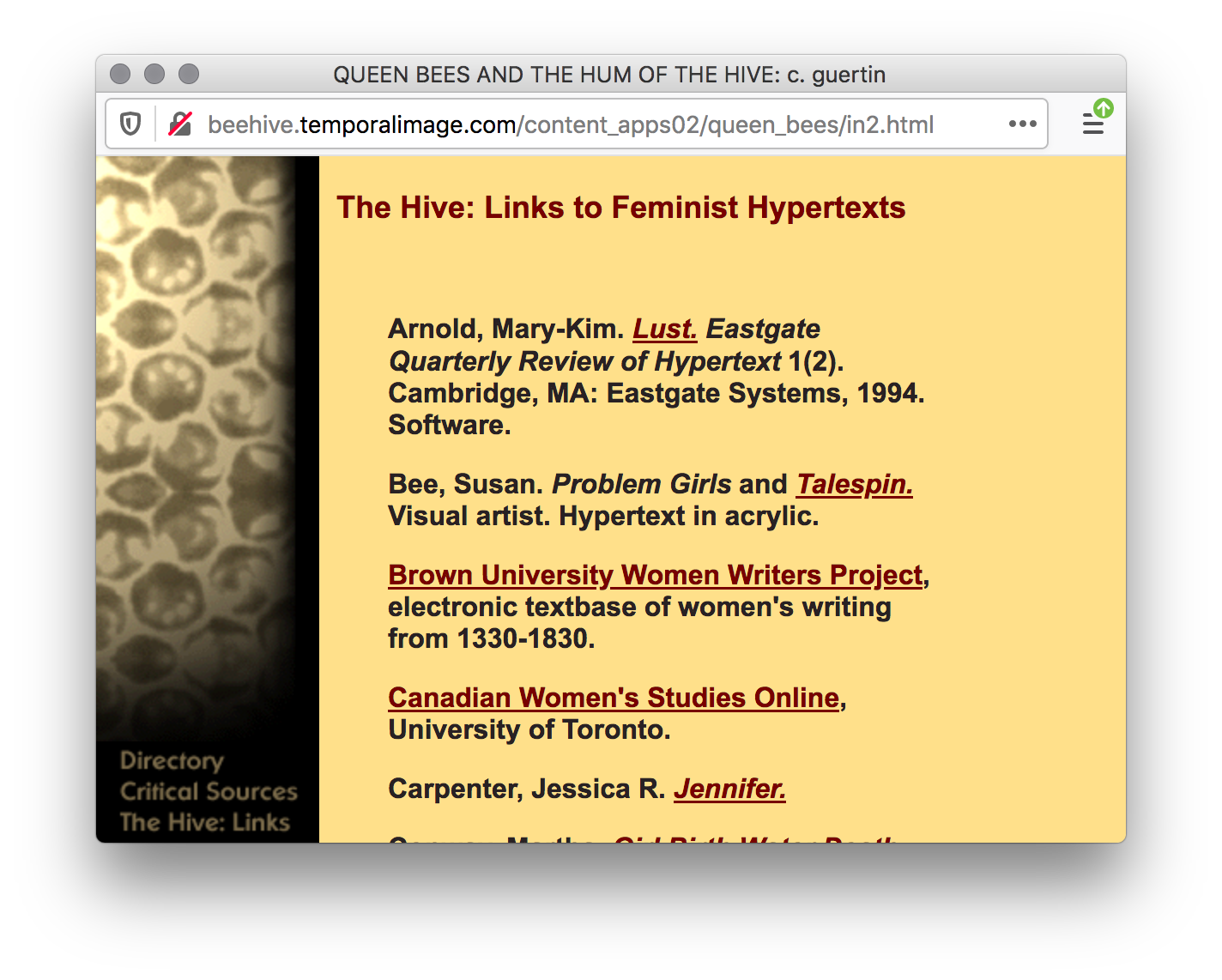 Screenshot of a yellow webpage with a column of an honeycomb pattern image on the left. The rest of the page is filled with black and red underlined text links to various hypertexts.