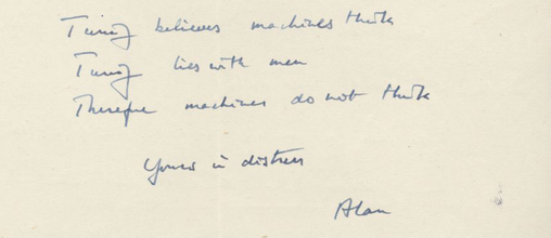 A scan of handwritten letter, only of three sentences, in blue ink on a beige paper.